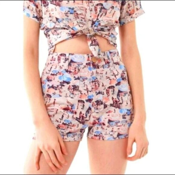 URBAN Outfitters Shorts High Rise Retro Beach Print Travel - Picture 2 of 14